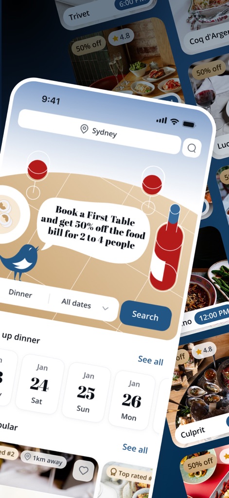 First Table - Dieser Screenshot hebt die klare Anweisung zum Buchen einer "First Table" hervor und zeigt gleichzeitig die intuitive Standortsuche und die Datumsauswahl für flexible Essensplanung.