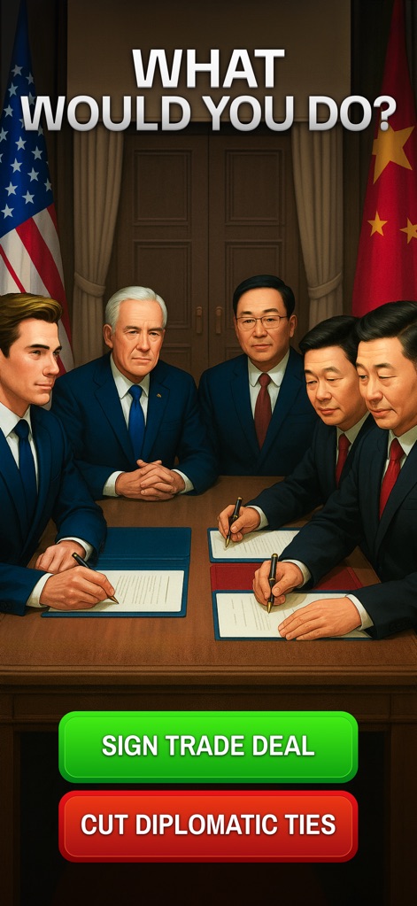 President: Simulator Game - This tool immerses players in high-stakes diplomacy, showcasing a meeting of international leaders and presenting direct choices like 'SIGN TRADE DEAL' or 'CUT DIPLOMATIC TIES' that shape global events.