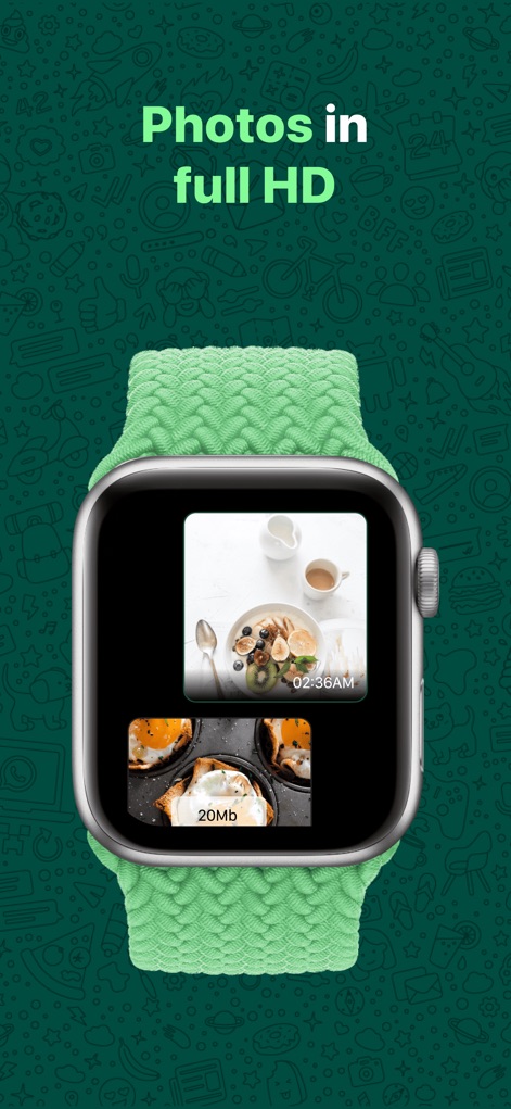 WatchsApp - Chat on Watch - Experience visual content directly on the watch, with multiple image previews showcasing high-resolution photos and a visible file size indicator for larger media.