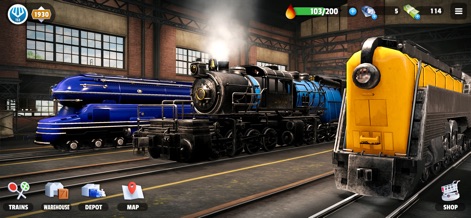 Train Station 3 - This view displays a variety of meticulously rendered train models, from classic steam engines to early diesel locomotives, all housed within the expansive depot.