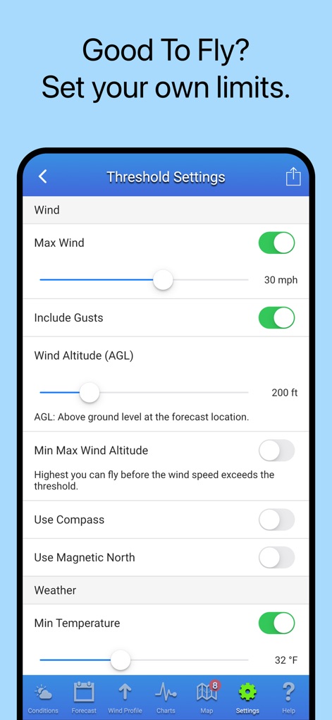 UAV Forecast - 사용자는 최대 풍속 슬라이더를 조정하여 비행 한계를 설정하고, AGL 고도에서의 바람 설정과 같은 개인화된 임계값을 정의할 수 있습니다.