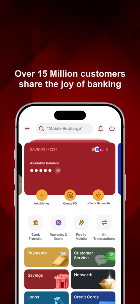 IDFC FIRST Bank: MobileBanking - L'application offre un tableau de bord complet où les utilisateurs peuvent consulter leur "Available balance" et accéder à des fonctionnalités clés telles que "Payments" et "Savings".