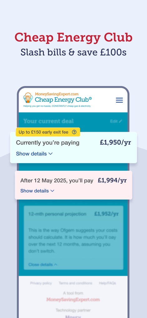 MoneySavingExpert - The Cheap Energy Club helps users visualize their energy costs by displaying their current annual payment and projecting future rates, alongside warnings about early exit fees.