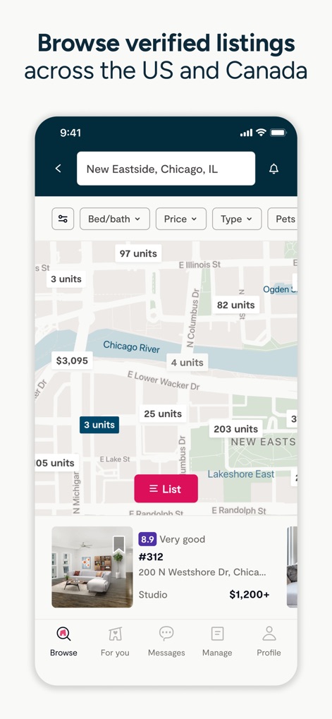 Zumper - Apartment Finder - Users can explore available units via an interactive map interface, quickly toggling between map and list views for efficient browsing.