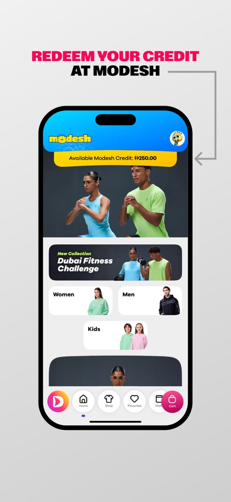 Dream Dubai - Esta ferramenta mostra como o Crédito Modesh, com um saldo de Đ250.00, pode ser resgatado em produtos do "Dubai Fitness Challenge", incluindo categorias distintas para homens e mulheres.