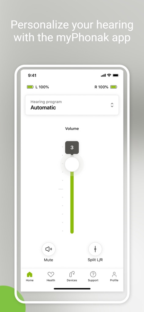 myPhonak - Users can effortlessly manage their hearing experience by adjusting the volume slider and selecting different hearing programs directly from the home screen.