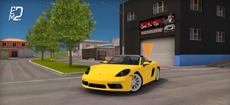 Elite Motos 2 - La aplicación exhibe una detallada representación de un taller mecánico urbano y la vibrante presencia de un deportivo amarillo.