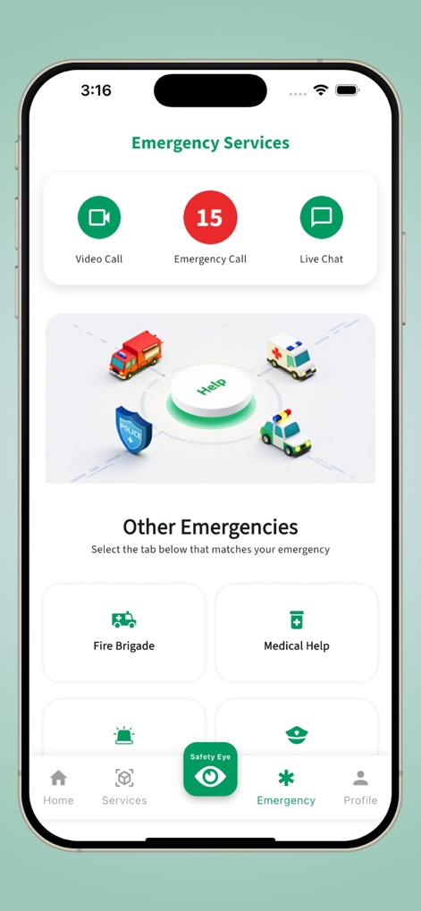 PSCA - Public Safety - Observe the quick access options for 'Video Call' and 'Emergency Call (15)' alongside categorized services like 'Fire Brigade' and 'Medical Help'.