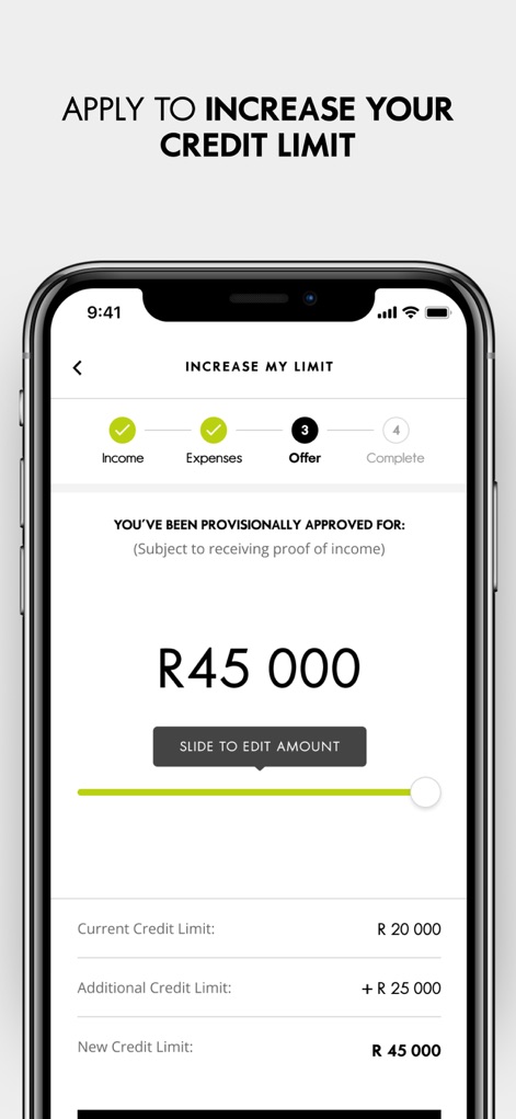 Woolworths (Pty) Ltd - This tool guides users through the 'Increase My Limit' application with a clear step-by-step process flow and an interactive slider to edit the desired amount.