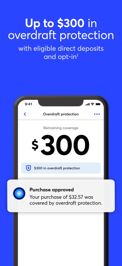 GO2bank: Mobile banking - The app clearly displays the remaining overdraft coverage and shows a real-time 'Purchase approved' notification, demonstrating protection in action.