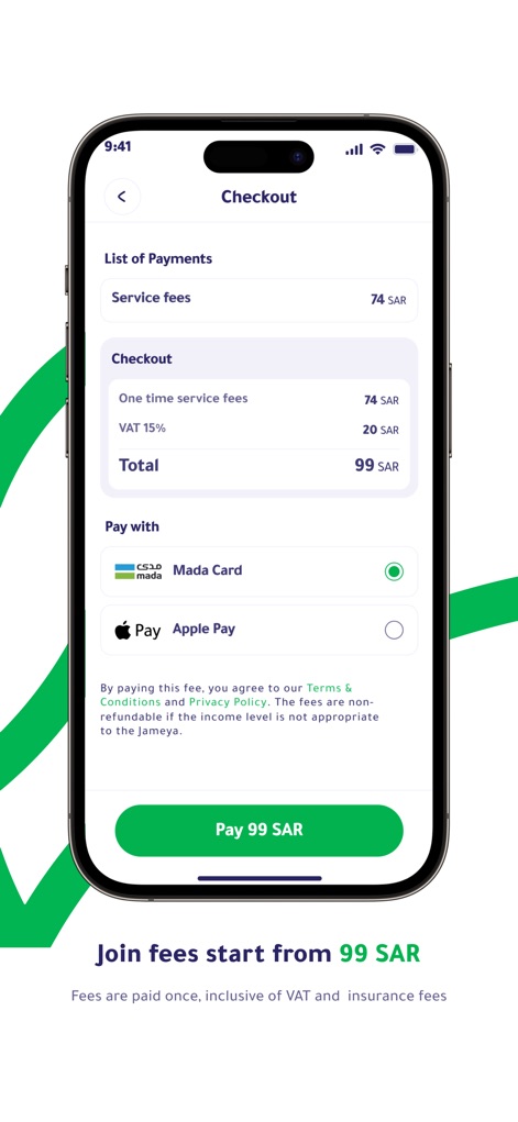 هكبه | Hakbah - The checkout screen provides a transparent fee breakdown, detailing service fees and VAT, alongside flexible payment options like Mada Card and Apple Pay for user convenience.