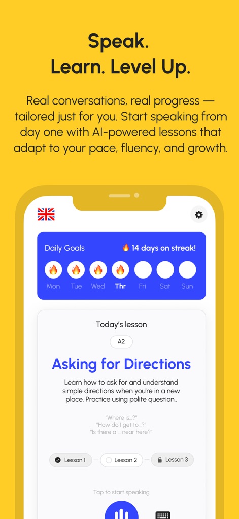 LingoChatAI: Speak Confidently - La aplicación motiva el progreso con metas diarias visibles y un seguimiento de racha de 14 días. Los usuarios pueden ver la lección del día, "Asking for Directions", en un nivel A2.