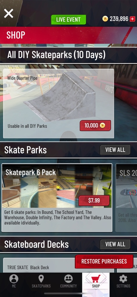 True Skate - The shop provides access to a wide selection of content, from "DIY Skateparks" objects to complete "Skate Park 6 Pack" bundles for expanded gameplay.