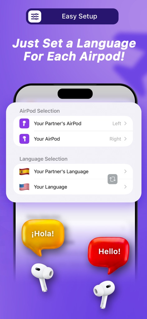 AirTranslator AirPod Translate - La captura muestra un menú claro para "AirPod Selection" con opciones para "Your Partner's AirPod" y "Your AirPod", además de la "Language Selection" para ambos usuarios.