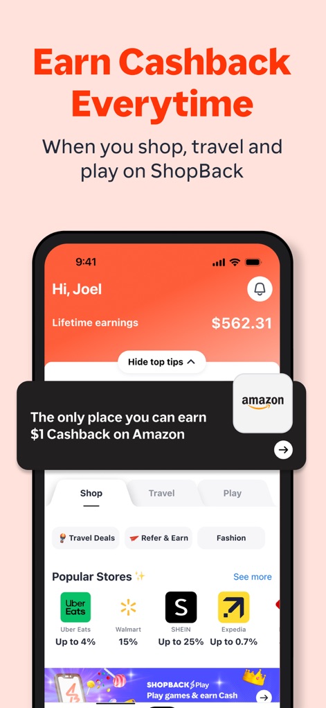 ShopBack: Cashback & Rewards - See how the app prominently displays lifetime earnings and features a curated list of popular stores for immediate cashback opportunities.
