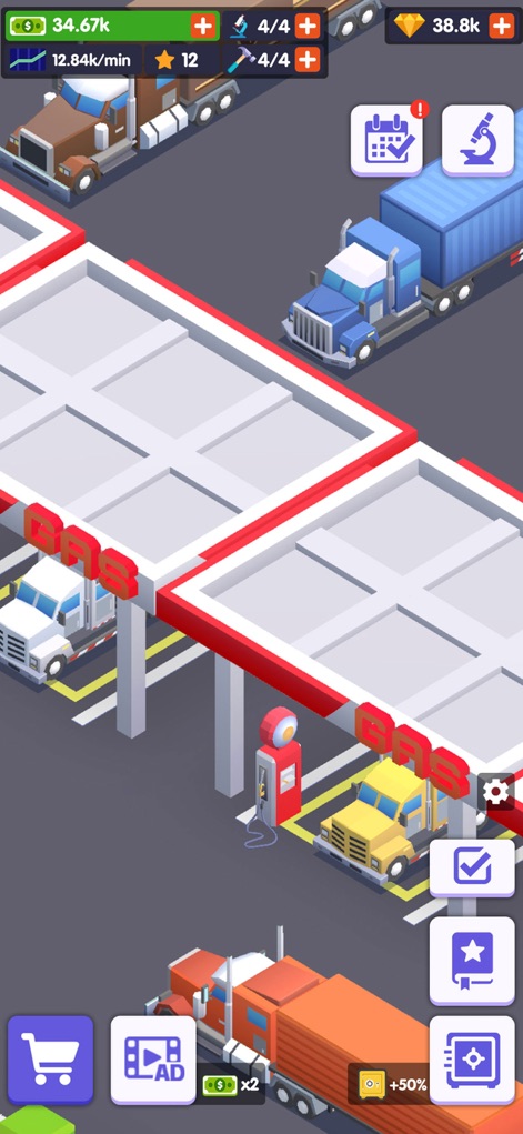 Truck Stop Tycoon-idle game - La aplicación muestra la estación de combustible, un punto clave donde camiones, como el azul con contenedor y el blanco estándar, reciben servicio vital para continuar su viaje.