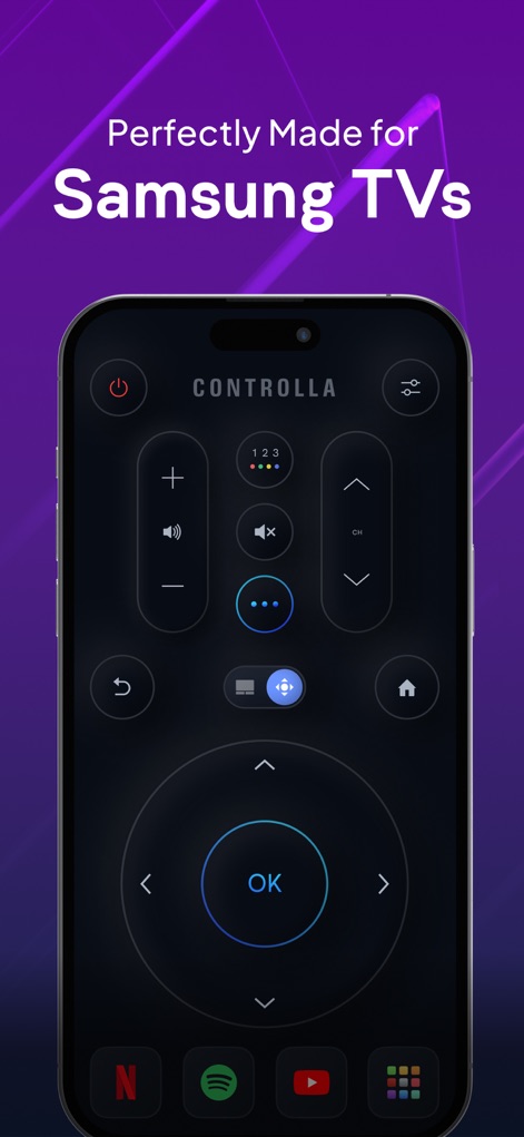 Remote for Samsung TV Smart - Descubra a interface principal do aplicativo, que exibe botões de volume e canal intuitivos, e atalhos diretos para plataformas como Netflix e YouTube, transformando o smartphone em um controle remoto multifuncional.