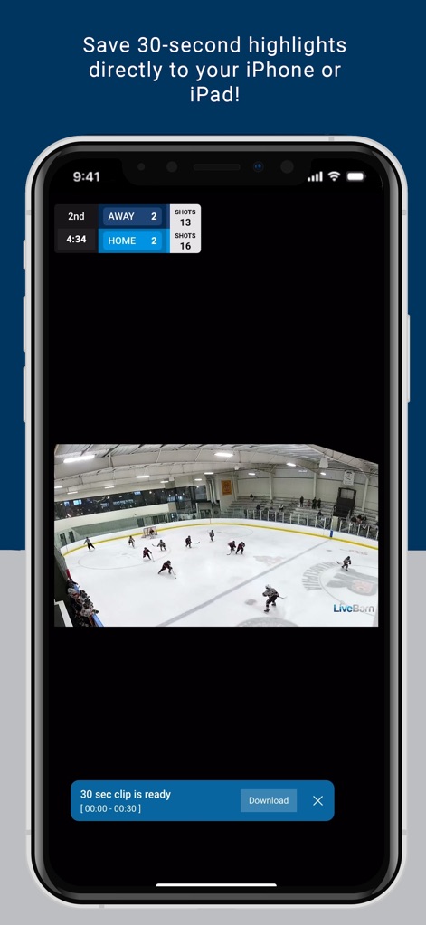 LiveBarn - The app facilitates direct downloading of 30-second highlight clips, complemented by a clear scoreboard displaying live game statistics.