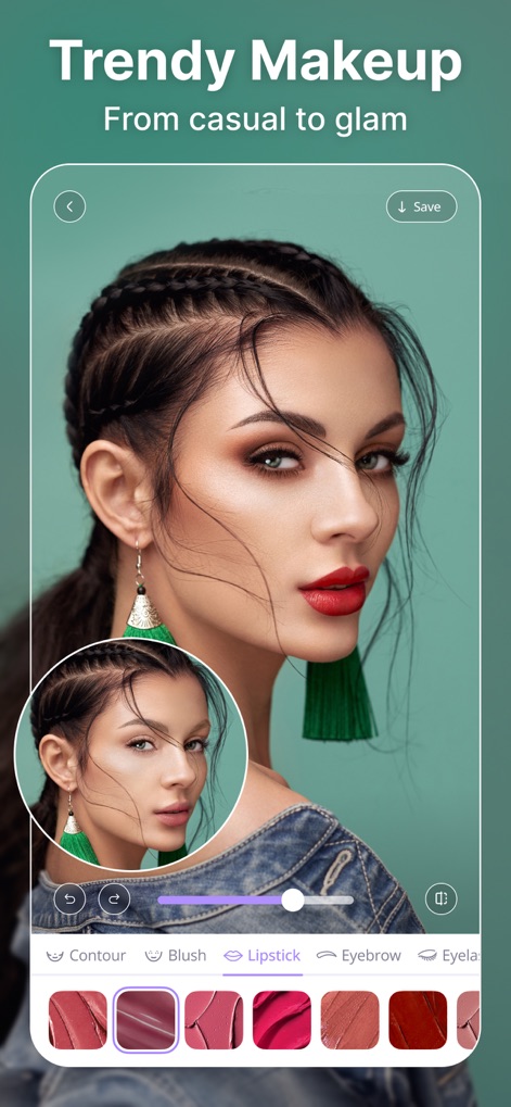 BeautyUp－AI Face & Body Editor - 사용자는 다양한 립스틱 색상을 시도하고, 아이브로우를 섬세하게 편집하여 트렌디하고 화려한 메이크업 룩을 완성할 수 있습니다.