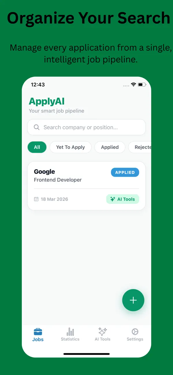 Screenshot #1 pour ApplyAI: Suivi d'Emploi & CV