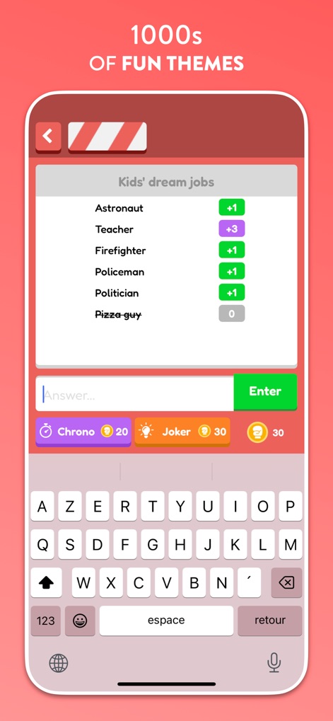 QuizUp - The Game - Explore the app's diverse range of '1000s OF FUN THEMES', showcasing varied challenges from 'Kids' dream jobs' to countless other engaging topics.