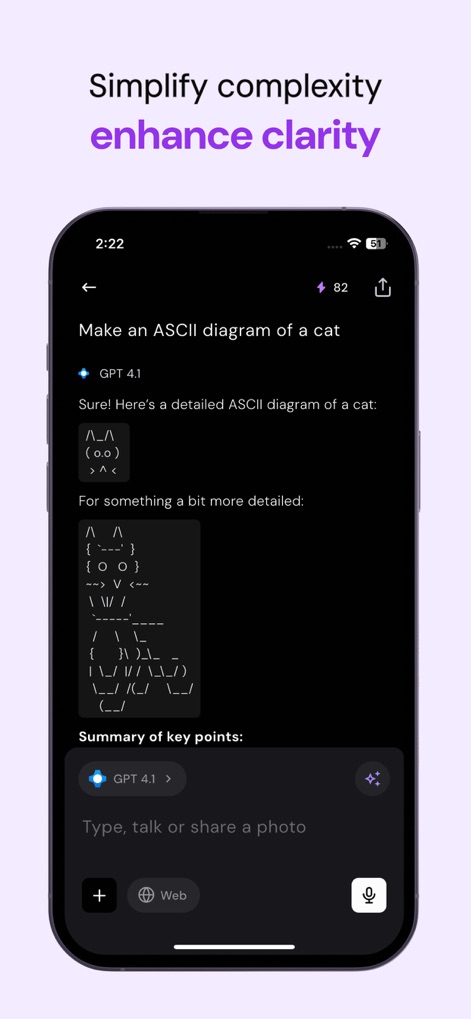 Merlin AI: AI Chat Assistant - The app utilizes AI models like GPT 4.1 to simplify complex requests into clear outputs, as shown by the generated ASCII diagram and the provided "Summary of key points".