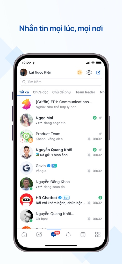 HanoiWork - Discover the comprehensive messaging interface, featuring an organized chat list with various filters for efficient navigation and real-time typing indicators for dynamic conversations.