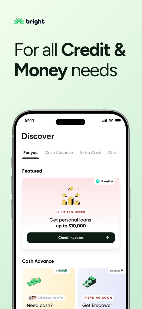 Bright: Loans & Credit Builder - La aplicación presenta un carrusel de "Ofertas destacadas", facilitando el acceso a "Avances de efectivo" y préstamos personales de hasta $10,000.
