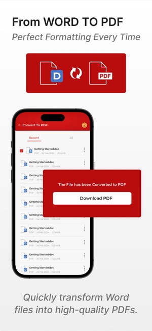 professional using smartphone for document conversion with interface showing PDF transformation