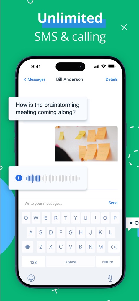 Line2 - Second Phone Number - Nutzer genießen unbegrenzte Text- und Anruffunktionen, wie in der Nachrichtenansicht mit einer Konversation und dem integrierten Tastaturfeld zum Verfassen von Nachrichten dargestellt.