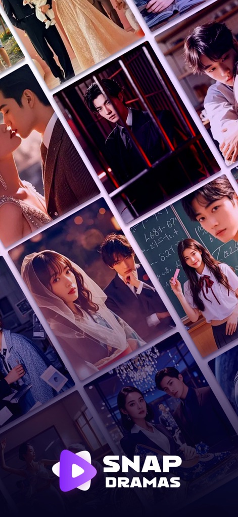 Snap Dramas – Trending Series - A tela inicial oferece um vislumbre imersivo dos diversos dramas, com cenas de romance e mistério, enquanto o logotipo 'Snap Dramas' com seu icônico ícone de play roxo se destaca.