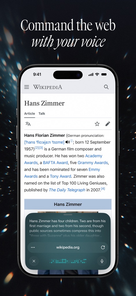 Comet - AI Browser & Assistant - Witness the seamless integration of voice commands, allowing users to interact with content like the 'Hans Zimmer' Wikipedia page using spoken queries and a visual voice input.
