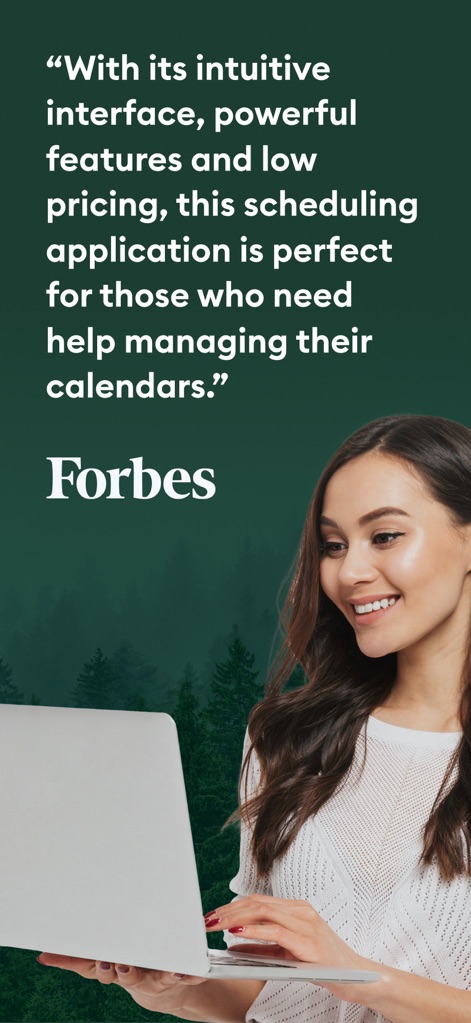 Setmore Appointment Scheduling - This screenshot highlights the app's strong industry reputation, featuring a positive endorsement quote from Forbes and depicting a user engaging happily with the application.