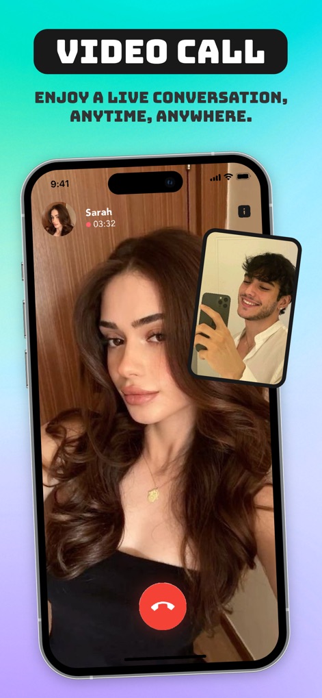 Cove - Share Fun, Video Chat - The app facilitates real-time video chats, displaying an active call timer and a picture-in-picture view for participants.