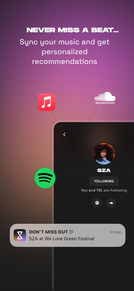 Shotgun: Live Music Experience - Nutzer können ihre Musikdienste wie Spotify und Apple Music synchronisieren, um personalisierte Empfehlungen zu erhalten und wichtige Benachrichtigungen wie die 'DON'T MISS OUT' Pop-up zu nutzen.