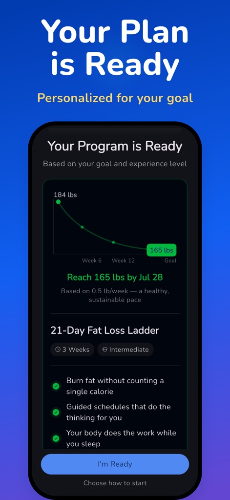 Fasting Tracker • Easy Fast - Users can track their weight loss progress with a dynamic graph and select from structured programs like the '21-Day Fat Loss Ladder' for guided fasting.