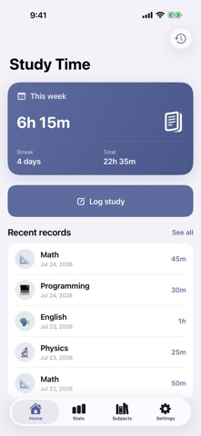 Study Time Memo: Subject Log Screenshot 1 of 3