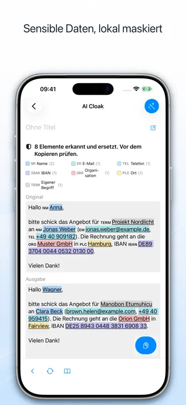AI Cloak: Texte anonymisieren screenshot 1 of 4