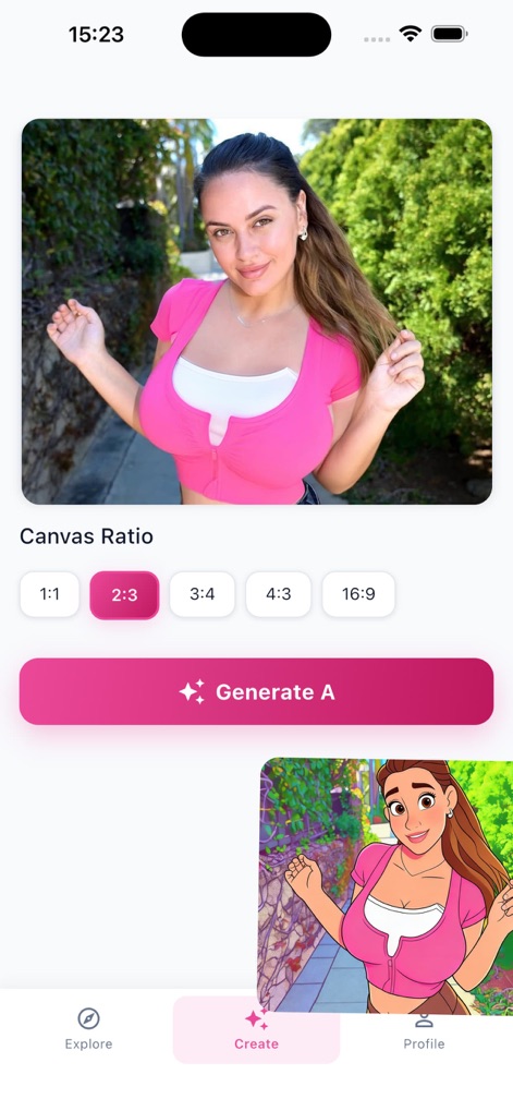 Desira - - Users precisely tailor their cartoon output with various 'Canvas Ratio' options and initiate the transformation with a clear 'Generate A' button, ensuring aesthetic control.