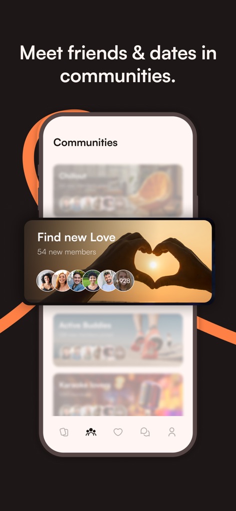 Jaumo Dating App: Flirt & Chat - Discover the vibrant 'Communities' section, where users can see new member counts like '54 new members' in the 'Find new Love' group, alongside an array of profile pictures highlighting active participation.