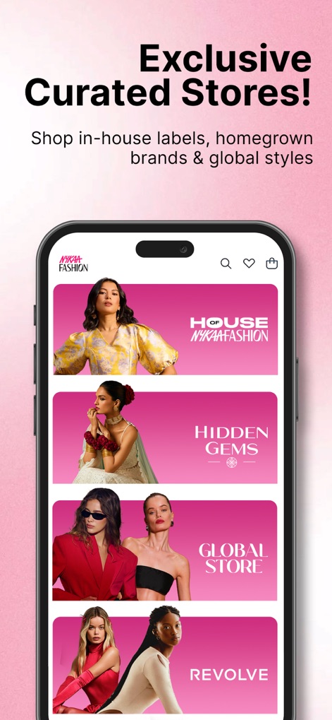 Nykaa Fashion - Shopping App - Nutzer entdecken exklusive, kuratierte Stores mit In-House-Labels und globalen Stilen, die durch ansprechende Model-Bilder und prominent platzierte Markenlogos visualisiert werden.