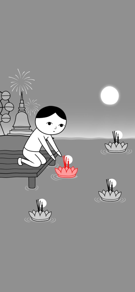 KUUKIYOMI THAILAND - The app features cultural events like the Loy Krathong festival, allowing players to interact with traditions such as floating a decorated krathong and experiencing festive settings with fireworks and moonlight.