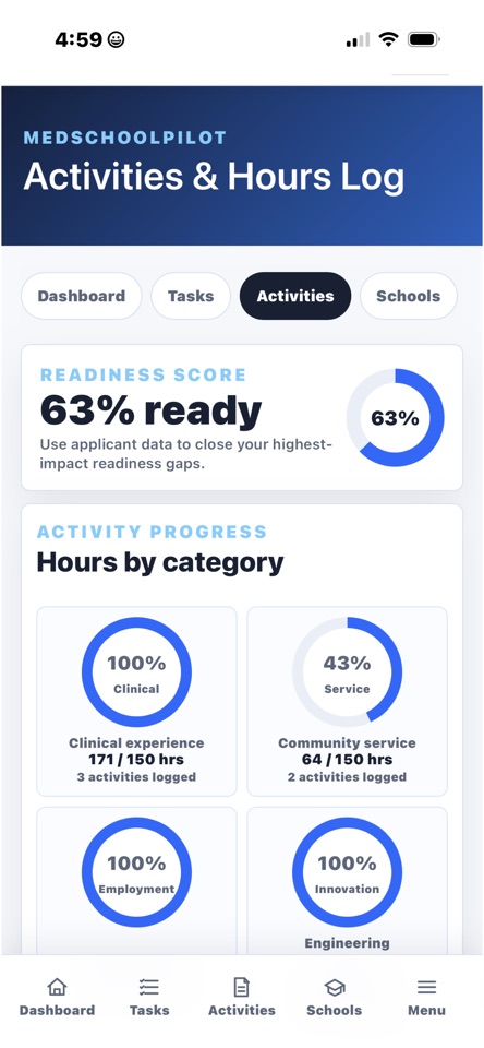Activity hours log in MedSchoolPilot