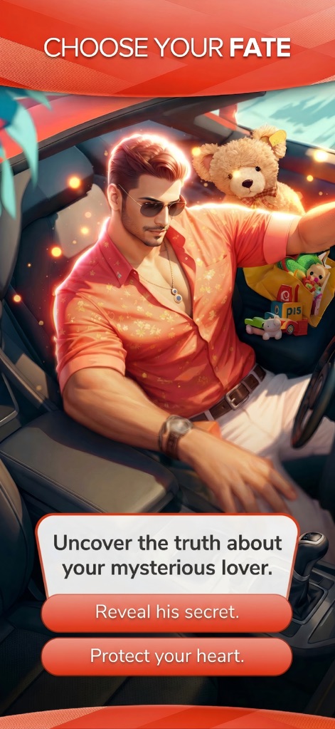 Whispers - Interactive Stories - See how the app presents a charismatic male lead in a car and offers direct interactive choice buttons to guide the narrative.