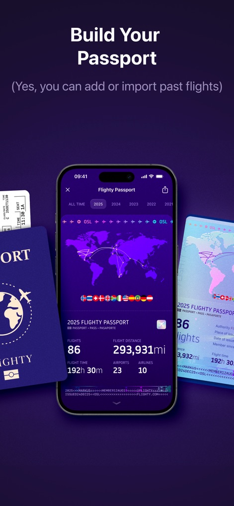 Flighty – Live Flight Tracker - Das Feature „Flighty Passport“ erstellt eine persönliche Reisechronik, die „geflogene Routen“ auf einer Weltkarte visualisiert und detaillierte „Flugstatistiken“ wie die Gesamtzahl der Flüge anzeigt.