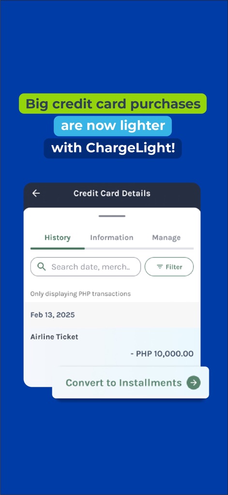 Security Bank App - This tool allows users to manage credit card purchases by converting them to installments, as shown with the 'Convert to Installments' option on the transaction history.