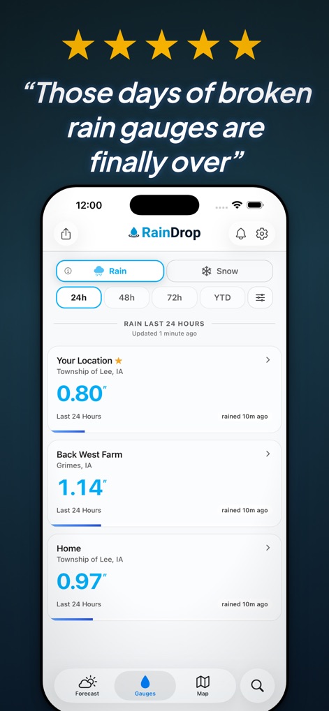 RainDrop - Rain Totals & Radar - This tool allows users to monitor precise 24-hour precipitation totals across several saved locations and switch between rain and snow data.