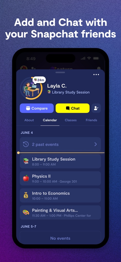 Saturn Calendar - Users can explore a friend's full calendar by navigating through past and upcoming events, with prominent 'Compare' and 'Chat' buttons for immediate interaction.