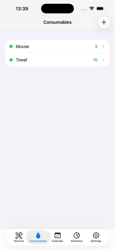 Hearthix - The app provides a streamlined view for managing consumables, featuring specific item entries like 'Mouse' and 'Towel' alongside a dedicated 'Consumables' tab in the navigation bar for quick access.