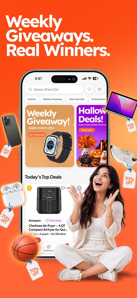 DealSeek: Coupons & Discounts App Store screenshot 6, headline “Weekly Giveaways. Real Winners.”. Playful tone.